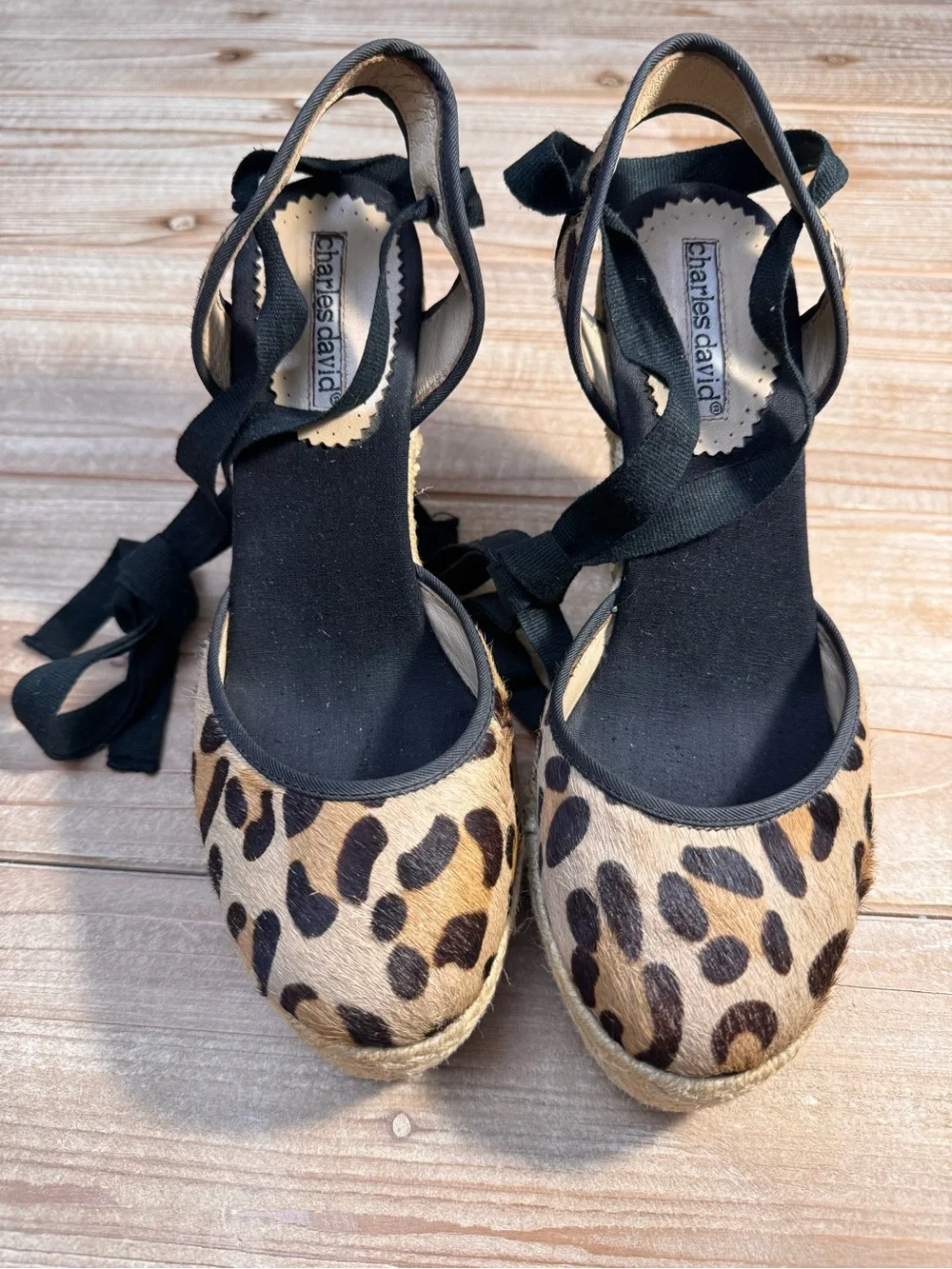 Charles David Leopard Calf Hair Lace-Up Espadrille Wedge Sandals | Size 8
